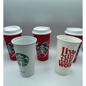 5 Starbucks Christmas Holiday Red White16 Oz. Recycled Travel Cups Mugs w 3 Lids